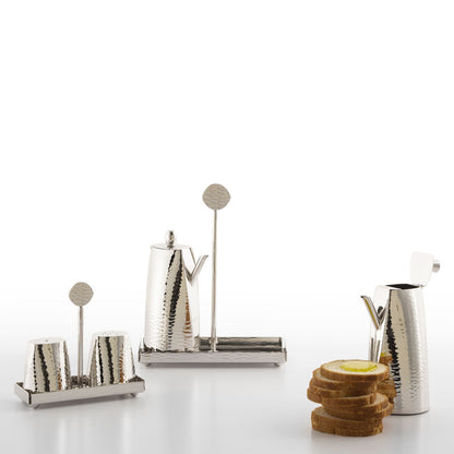 Eyes Salt and Pepper Set by Zanetto | The set includes a salt cruet, a pepper cruet, and a support. Each element is made from platinum alloy and is available in either silver plated or platinum plated finishes. | Tableware and Serveware | 2Jour Concierge, your luxury lifestyle shop