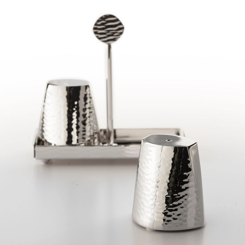 Eyes Salt and Pepper Set by Zanetto | The set includes a salt cruet, a pepper cruet, and a support. Each element is made from platinum alloy and is available in either silver plated or platinum plated finishes. | Tableware and Serveware | 2Jour Concierge, your luxury lifestyle shop