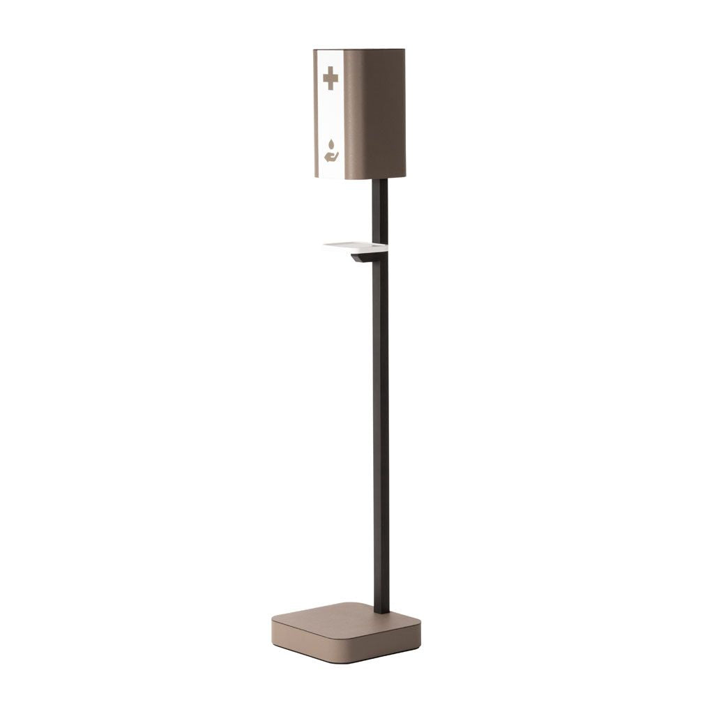 Automatic Hand Gel Dispenser Stand by Giobagnara: Italian Leather with Marquetry, 500ml Capacity, Touchless Operation. Features Removable Corian® Drip Tray, Brushed Bronze Pole, and Operates on 6 AA Batteries. Ideal for High-Traffic Areas