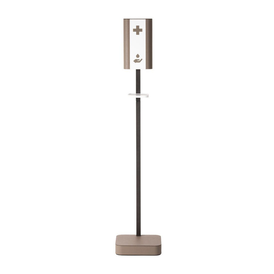 Automatic Hand Gel Dispenser Stand by Giobagnara: Italian Leather with Marquetry, 500ml Capacity, Touchless Operation. Features Removable Corian® Drip Tray, Brushed Bronze Pole, and Operates on 6 AA Batteries. Ideal for High-Traffic Areas