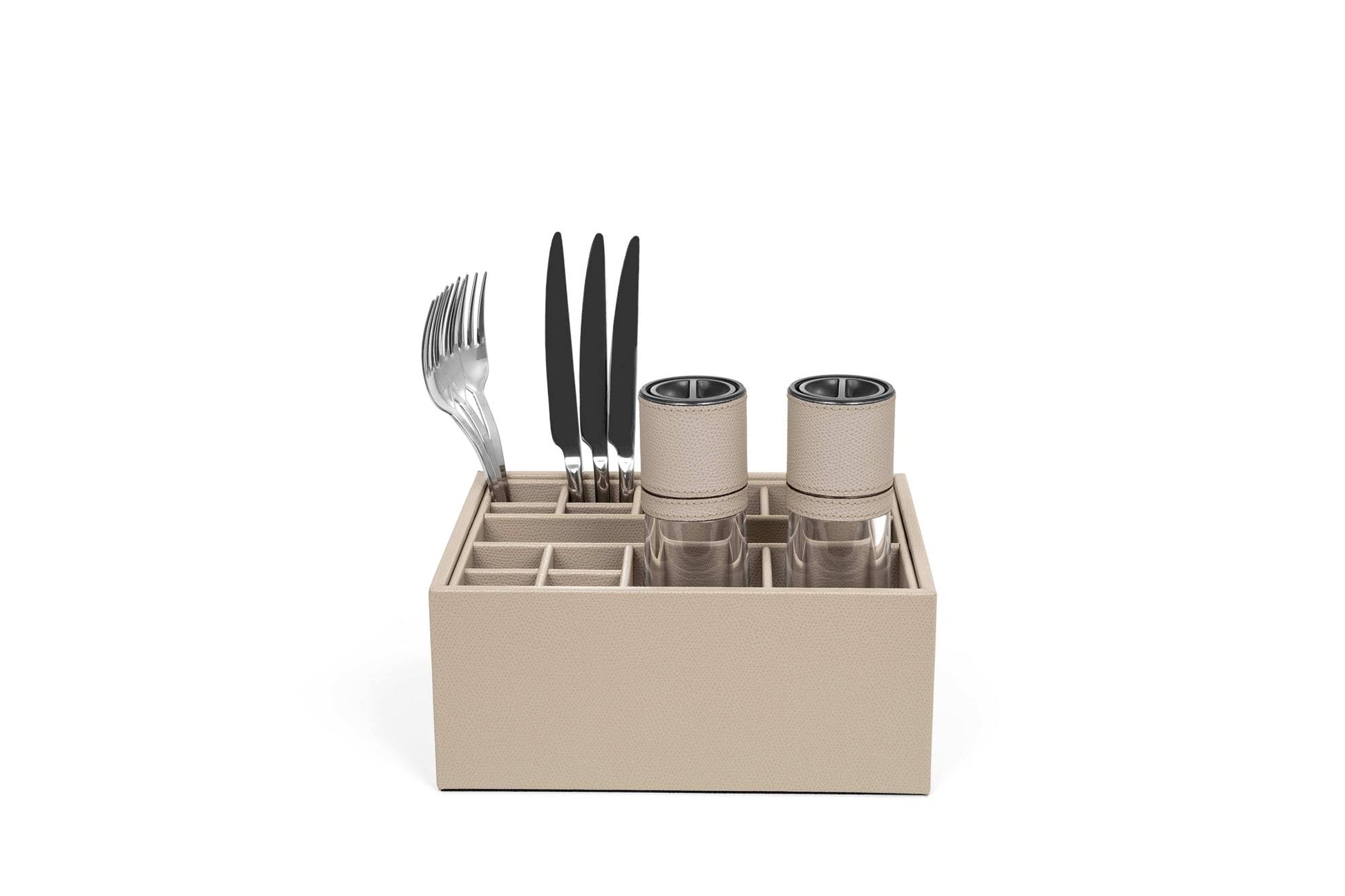 Pinetti Table Top Cutlery Organizer | Wood base covered with leather | Home Decor and Serveware | 2Jour Concierge, your luxury lifestyle shop