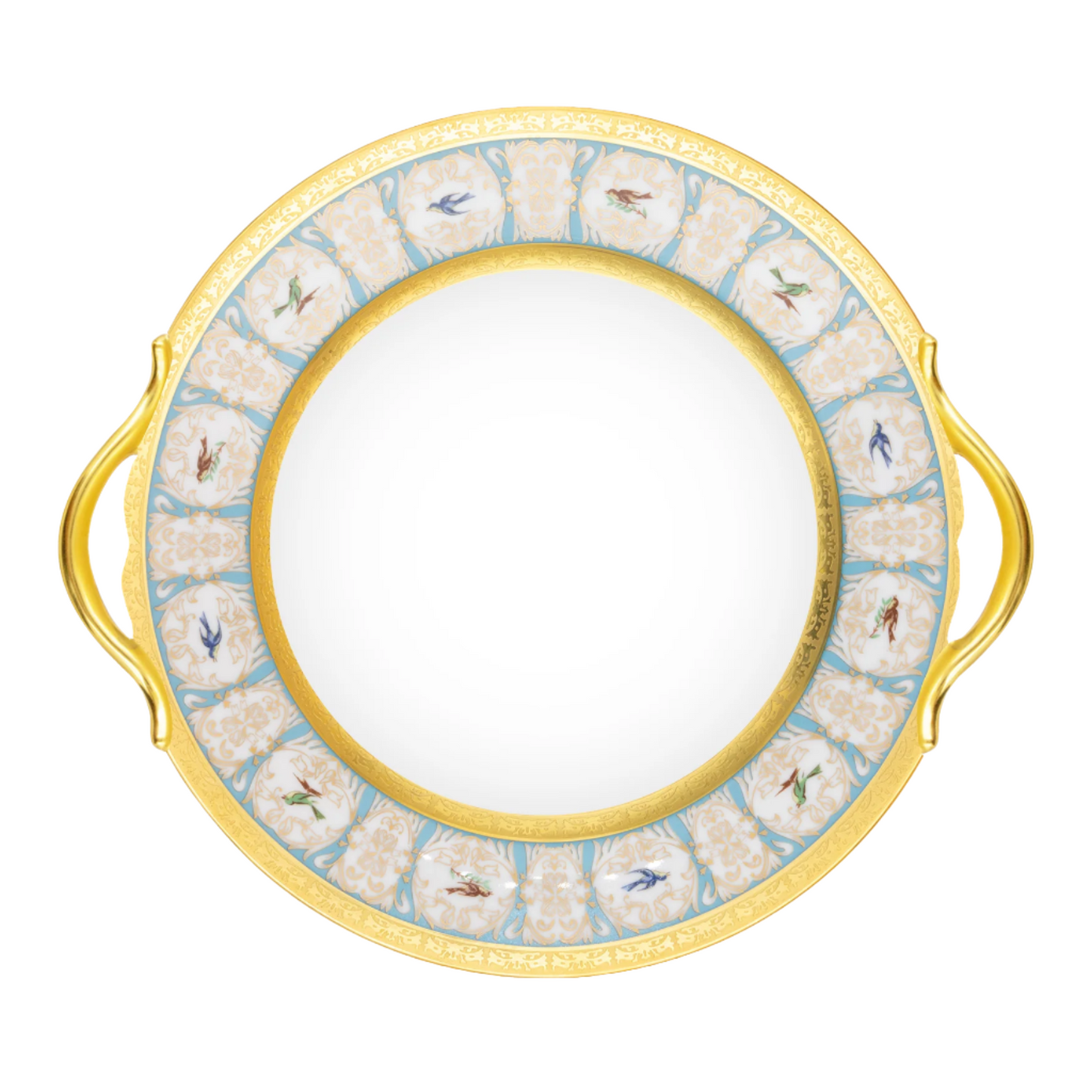 Robert Haviland & C. Parlon Bengalis | Round Cake Dish: Fine Limoges porcelain with bird and turquoise scroll motif and smooth, glazed finish, ideal for serving whole cakes or elegant desserts | Tableware & Serveware / Serving Dishes | 2Jour Concierge, your luxury lifestyle shop