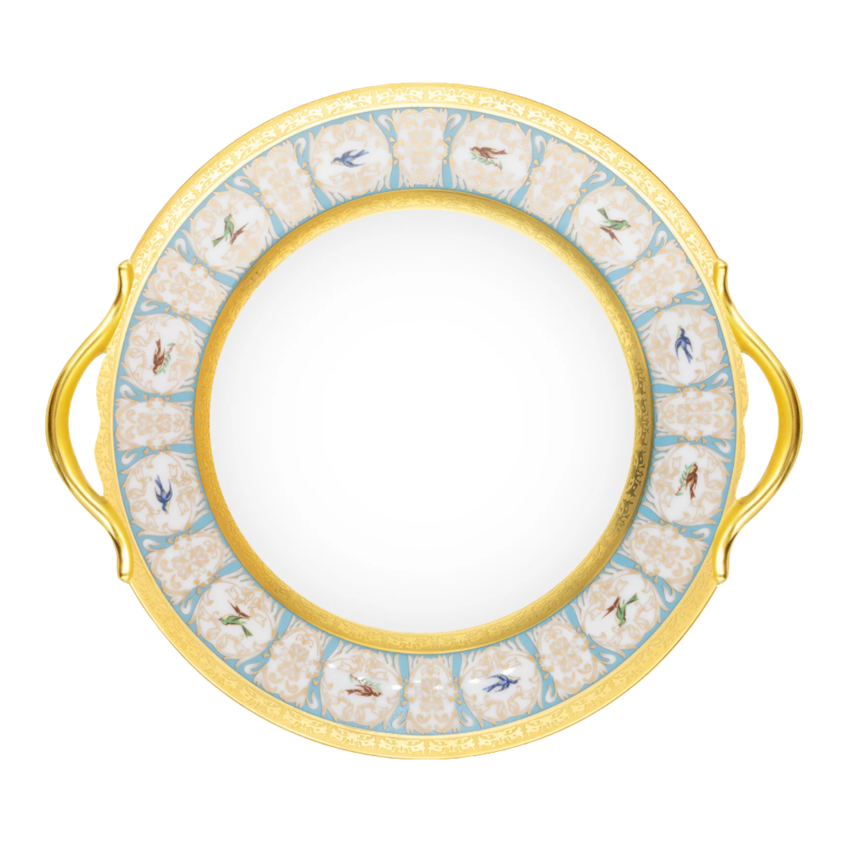 Robert Haviland & C. Parlon Bengalis | Round Cake Dish: Fine Limoges porcelain with bird and turquoise scroll motif and smooth, glazed finish, ideal for serving whole cakes or elegant desserts | Tableware & Serveware / Serving Dishes | 2Jour Concierge, your luxury lifestyle shop