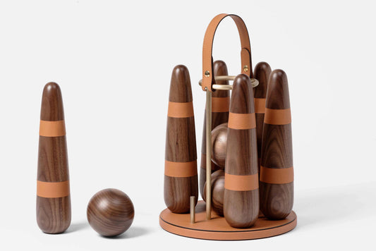 Walnut Wood Bowling Game Set with Leather Inserts