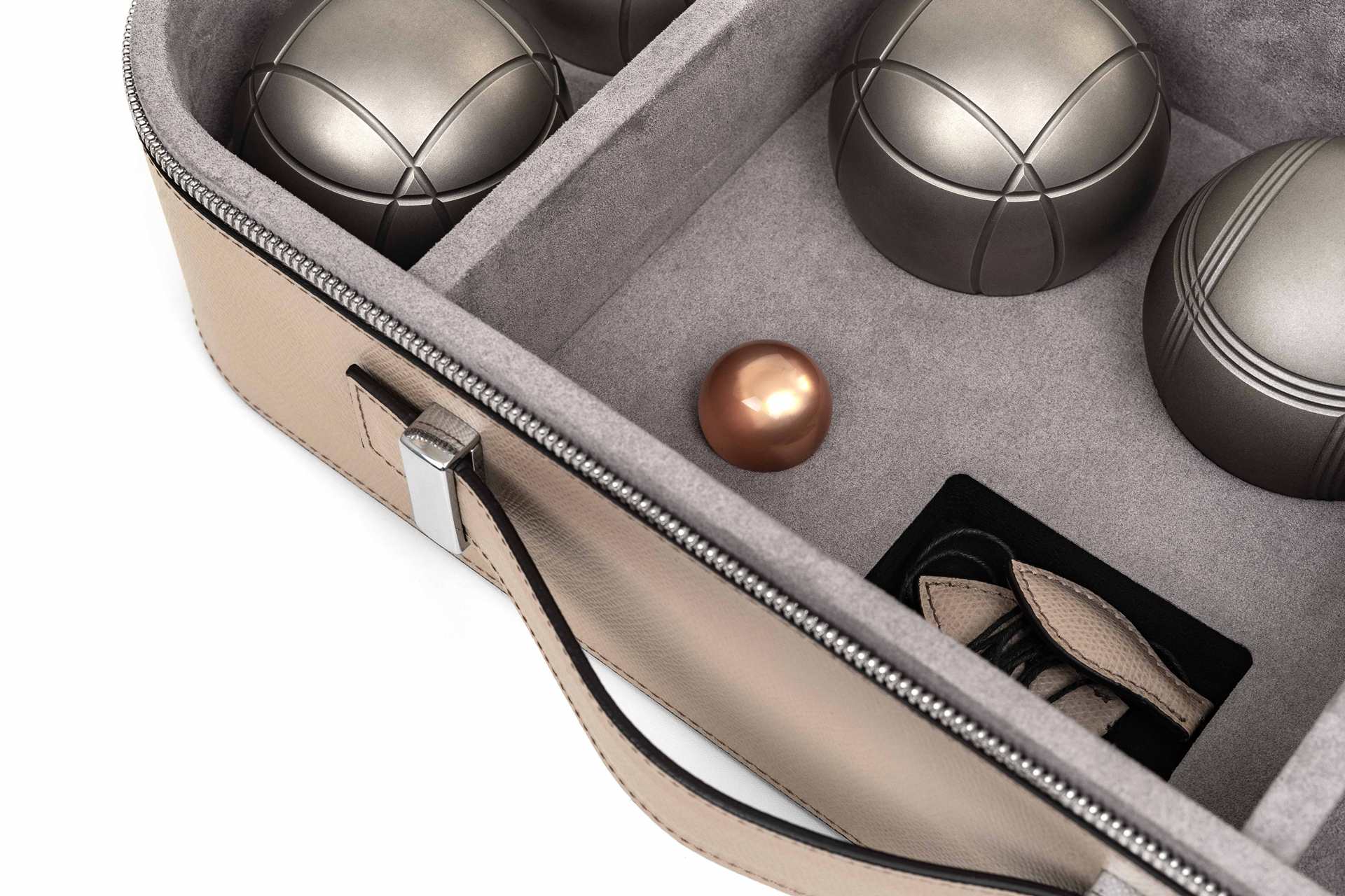 Pinetti Petanque Game Set in Leather-Covered Case | A complete game set of 6 metal balls with one jack and a leather measuring rope | Portable Pétanque game set comes with its own sleek storage box, completely covered with genuine grained leather | Explore Luxury Game Sets at 2Jour Concierge, #1 luxury high-end gift & lifestyle shop