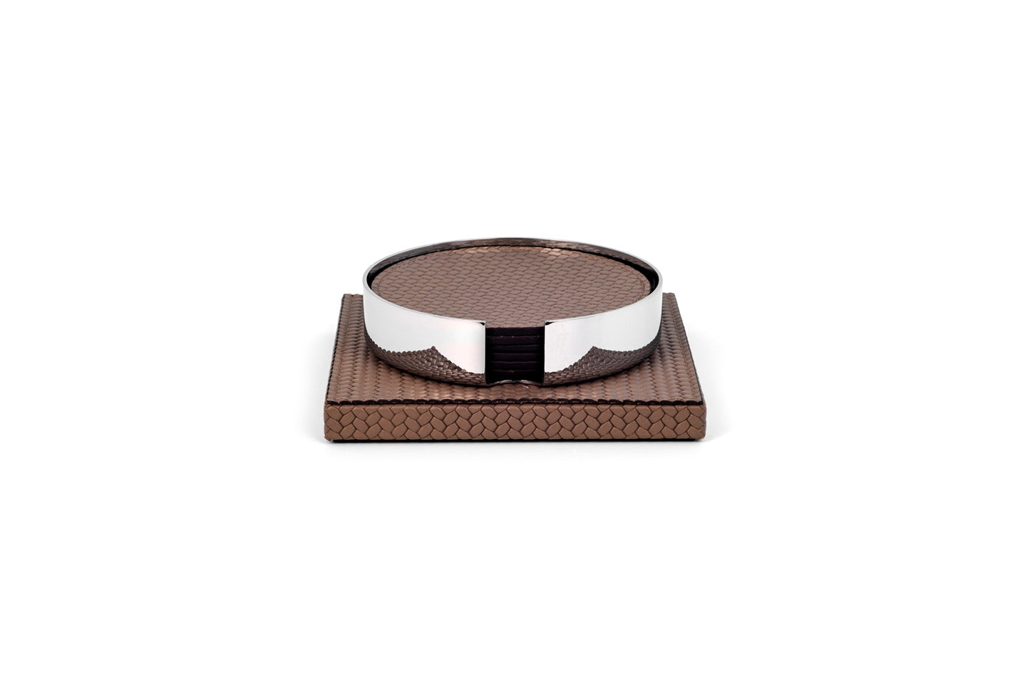 Saturno Leather-Covered Wood & Metal Coaster Holder w 6 Coasters