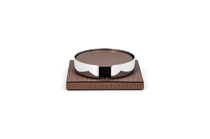 Saturno Leather-Covered Wood & Metal Coaster Holder w 6 Coasters