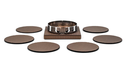 Saturno Leather-Covered Wood & Metal Coaster Holder w 6 Coasters