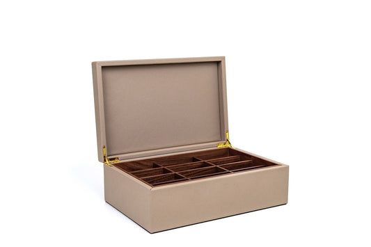 Pinetti Walnut Wood Tea Box Organizer | Wooden structure covered in leather with walnut wood inserts | Twelve compartments for organized storage | Discover Luxury Lifestyle Accessories at 2Jour Concierge, #1 luxury high-end gift & lifestyle shop