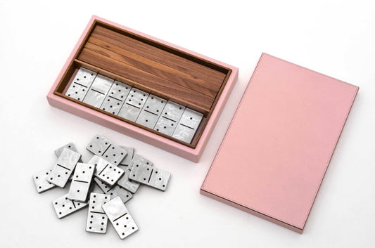 Pinetti Domino Game Set in Leather-Covered Wood Box with Pearled Pawns | Premium Craftsmanship | Elegant Leather Cover | Includes Pearled Pawns for Added Luxury | Perfect for Leisure and Entertainment | Explore a Range of Luxury Home Accessories at 2Jour Concierge, #1 luxury high-end gift & lifestyle shop