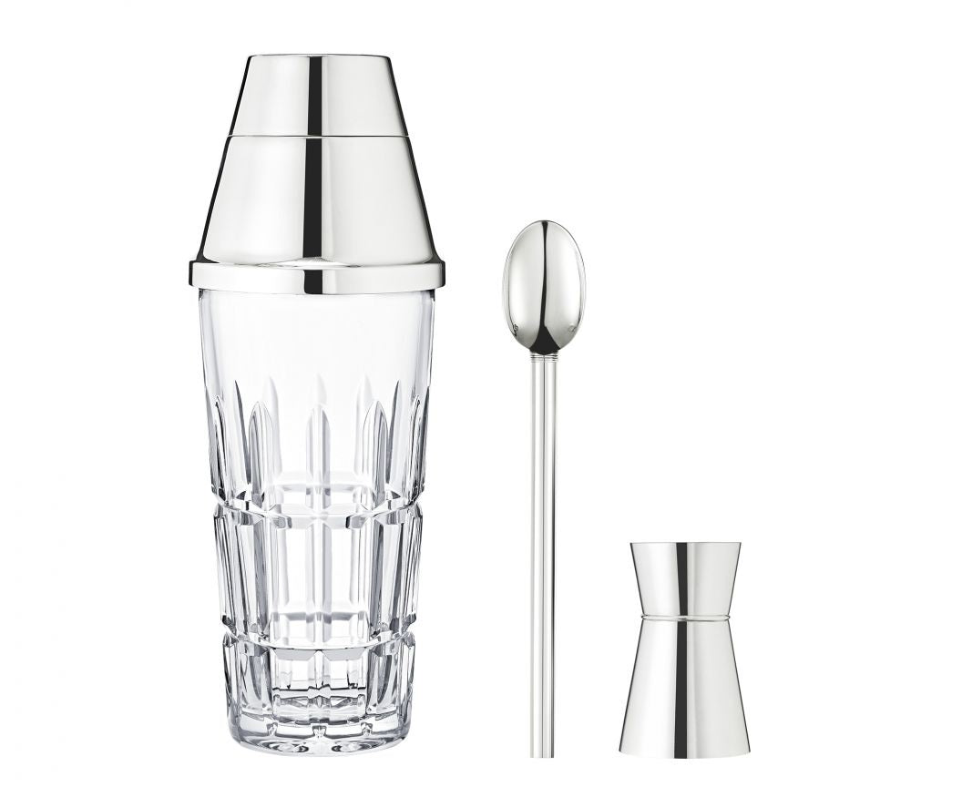Manhattan Mixology Set by Saint-Louis | Contains a clear crystal and silvered metal shaker, a silvered metal jigger with 2cl and 5cl measures, and a silvered metal Puiforcat spoon | Home Decor Barware | 2Jour Concierge, your luxury lifestyle shop