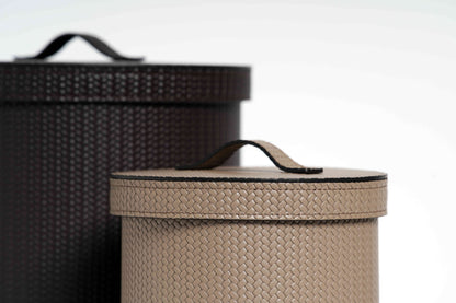 Leather-Covered Bin: Round with Waterproof Black Interior and Lid