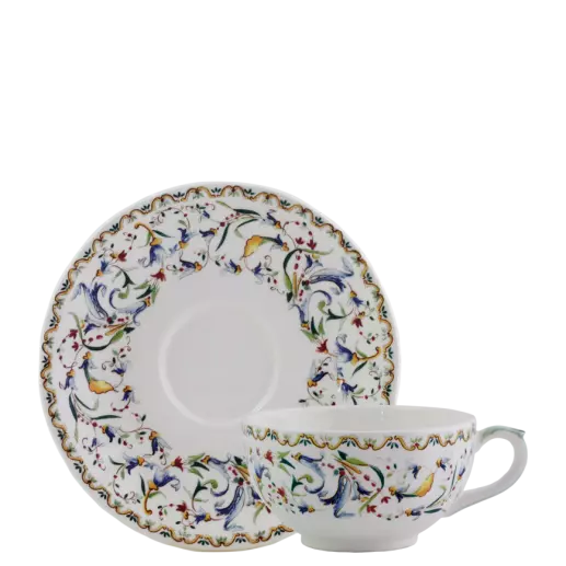 Gien Toscana | Tea Cup & Saucer: Fine earthenware with Renaissance floral motif and smooth, glazed finish, perfect for enjoying afternoon tea | Tableware & Serveware / Cups & Mugs | 2Jour Concierge, your luxury lifestyle shop