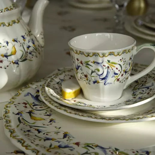 Gien Toscana | US Tea Cup & Saucer: Fine earthenware with Renaissance floral motif and smooth, glazed finish, ideal for serving tea or light coffee in a generous format | Tableware & Serveware / Cups & Mugs | 2Jour Concierge, your luxury lifestyle shop