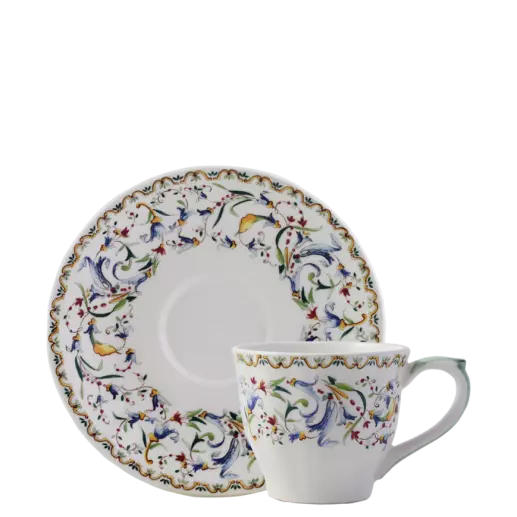 Gien Toscana | US Tea Cup & Saucer: Fine earthenware with Renaissance floral motif and smooth, glazed finish, ideal for serving tea or light coffee in a generous format | Tableware & Serveware / Cups & Mugs | 2Jour Concierge, your luxury lifestyle shop