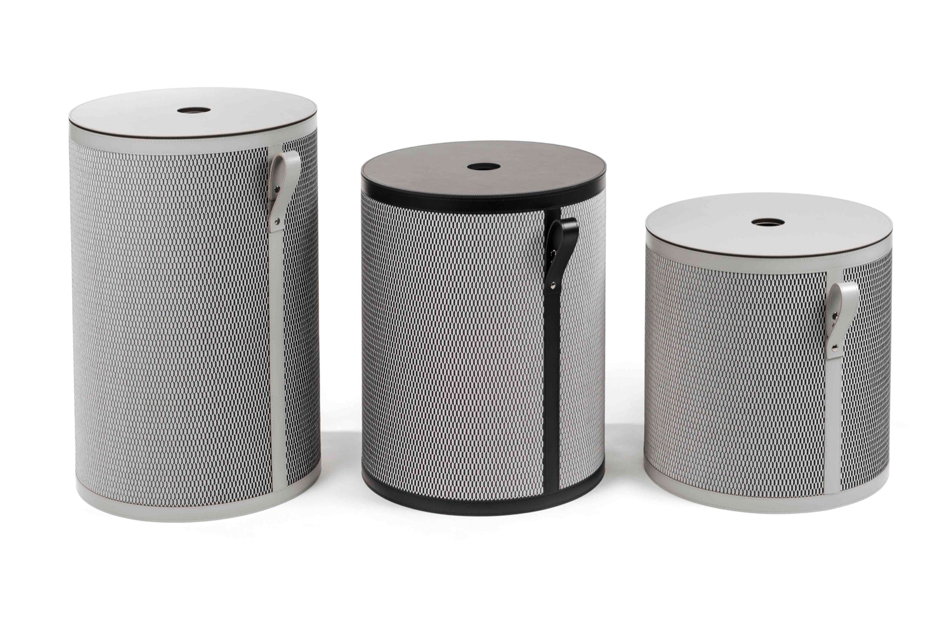 Pinetti Nadia | Recycled Leather & Fabric Baskets: Regenerated leather baskets with fabric weave finish, available in three heights with matching lids | Storage & Home Accessories / Baskets | 2Jour Concierge, your luxury lifestyle shop | luxury interiors, refined living, sustainable design, boutique hotels, home organization, eco-luxury décor, yacht décor, office décor, hospitality décor