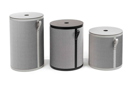 Pinetti Nadia | Recycled Leather & Fabric Baskets: Regenerated leather baskets with fabric weave finish, available in three heights with matching lids | Storage & Home Accessories / Baskets | 2Jour Concierge, your luxury lifestyle shop | luxury interiors, refined living, sustainable design, boutique hotels, home organization, eco-luxury décor, yacht décor, office décor, hospitality décor