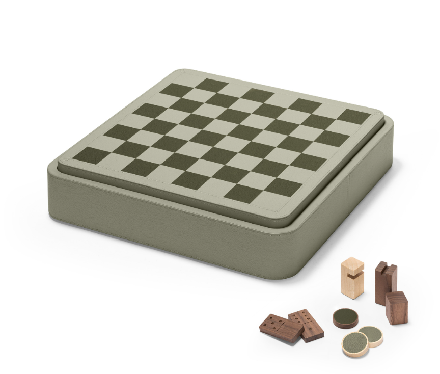 x Poltrona Frau Leather-Covered Wood Triple Game Compendium (chess, draughts, domino)