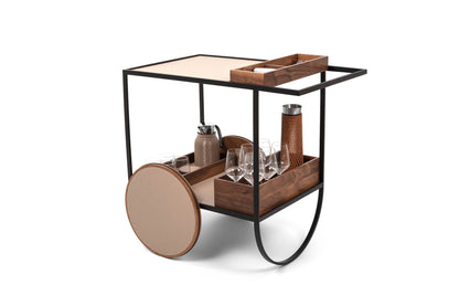 Magenta Serving Butler Trolley: Burnished Metal, Walnut Wood Wheels and Boxes, Leather Floors