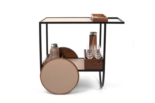 Magenta Serving Butler Trolley: Burnished Metal, Walnut Wood Wheels and Boxes, Leather Floors