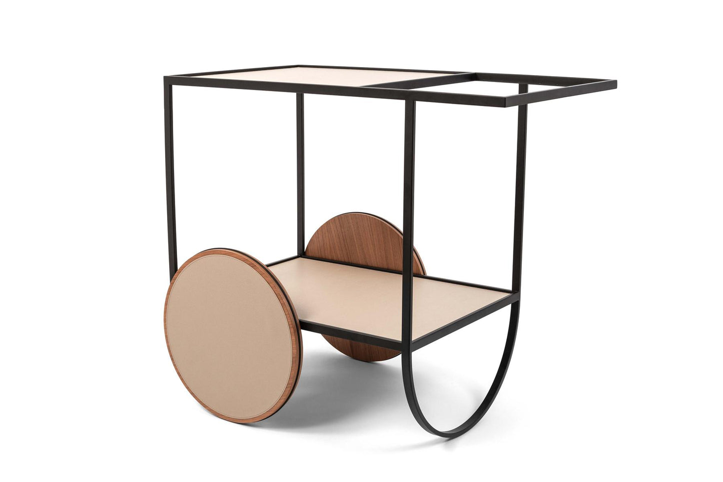 Magenta Serving Butler Trolley: Burnished Metal, Walnut Wood Wheels and Boxes, Leather Floors