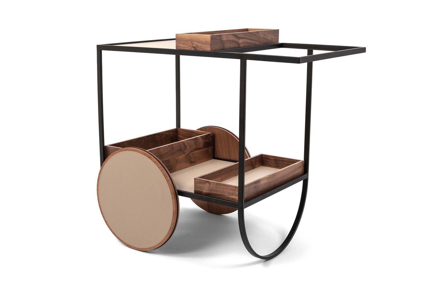 Magenta Serving Butler Trolley: Burnished Metal, Walnut Wood Wheels and Boxes, Leather Floors