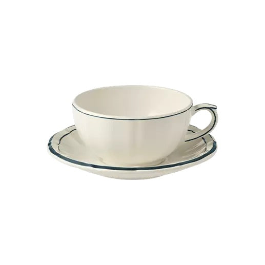 Gien Pivoines Vertes | Breakfast Cup & Saucer: Fine earthenware with hand-painted green floral motif and smooth, glazed finish, perfect for elegant morning coffee or tea | Tableware & Serveware / Cups & Mugs | 2Jour Concierge, your luxury lifestyle shop