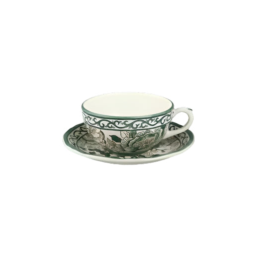 Gien Pivoines Vertes | Breakfast Cup & Saucer: Fine earthenware with hand-painted green floral motif and smooth, glazed finish, perfect for elegant morning coffee or tea | Tableware & Serveware / Cups & Mugs | 2Jour Concierge, your luxury lifestyle shop