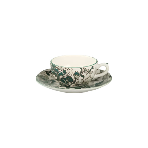 Gien Pivoines Vertes | Tea Cup & Saucer: Fine earthenware with hand-painted green floral motif and smooth, glazed finish, perfect for sophisticated tea service | Tableware & Serveware / Cups & Mugs | 2Jour Concierge, your luxury lifestyle shop