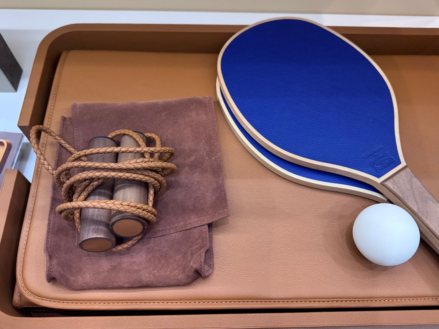 x Poltrona Frau Leather, Walnut & Maple Rackets w Ball