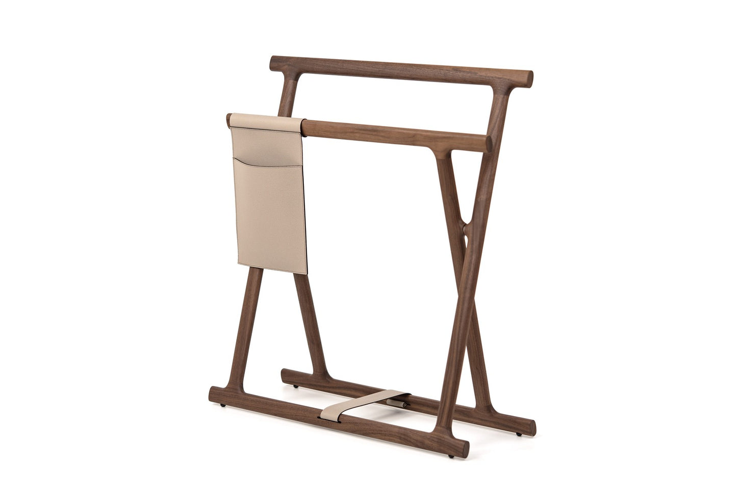 Pinetti Chelsea Folding Blanket Stand | Elegant folding stand crafted from Canaletto walnut wood | Features a removable leather pocket for added functionality | A stylish and practical storage solution | Home & Accessories | 2Jour Concierge, your luxury lifestyle shop