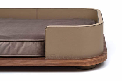 Pinetti Leather-Covered Wooden Pet Bed With Microfiber Memory Foam Cushion | Wooden structure covered in leather | Canaletto walnut base | Soft memory foam cushion with microfiber cover | Easily removable and washable | Available in two sizes | Discover Luxury Lifestyle Accessories at 2Jour Concierge, #1 luxury high-end gift & lifestyle shop