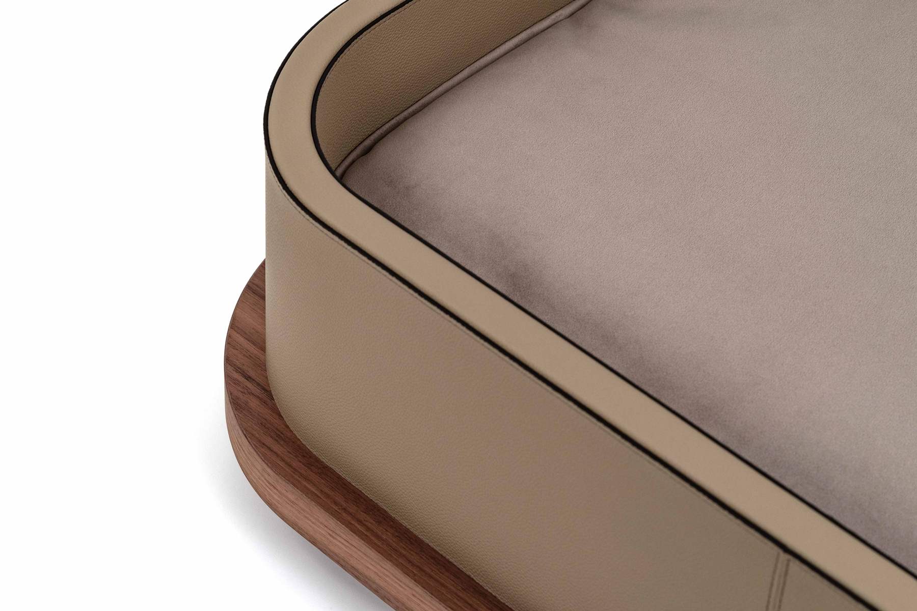 Pinetti Leather-Covered Wooden Pet Bed With Microfiber Memory Foam Cushion | Wooden structure covered in leather | Canaletto walnut base | Soft memory foam cushion with microfiber cover | Easily removable and washable | Available in two sizes | Discover Luxury Lifestyle Accessories at 2Jour Concierge, #1 luxury high-end gift & lifestyle shop