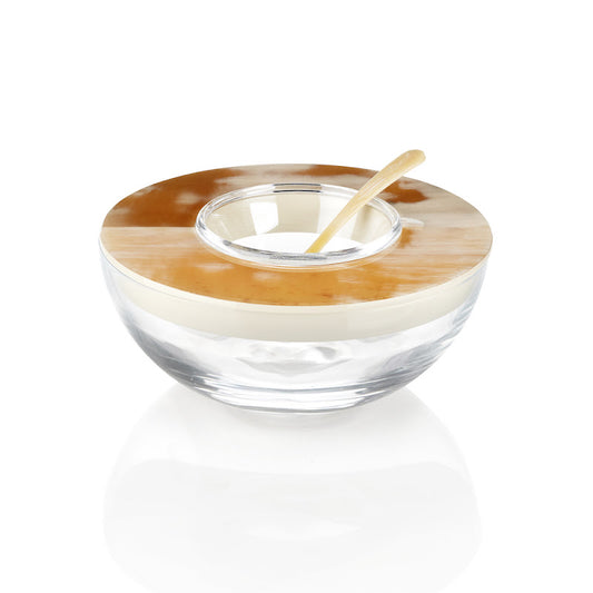 Malossol Round Caviar Bowl by Arcahorn | Crafted from horn, wood with an ivory lacquered gloss finish, and crystal. Includes a caviar spoon in horn. | Tableware and Serveware | 2Jour Concierge, your luxury lifestyle shop