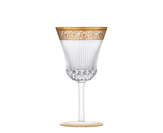 Thistle Water Glass by Saint-Louis | Inspired by the Chardon service from 1913 | Features a plant motif engraved frieze decorated in fine gold | Venetian-style stripes, bevel cuts, and 24-carat gold or platinum decoration | Collection: Thistle | Color: Clear | Design: Timeless | Tableware and Water Glasses | 2Jour Concierge, your luxury lifestyle shop