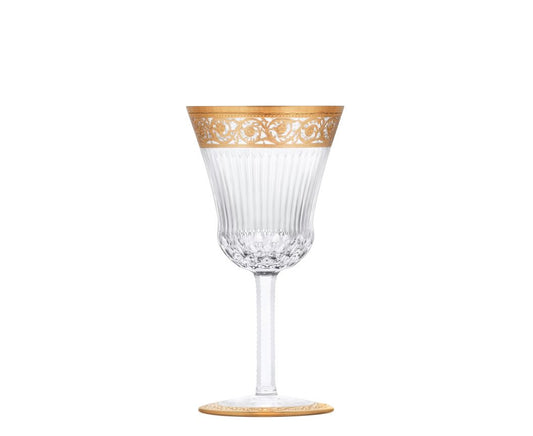 Thistle Water Glass by Saint-Louis | Inspired by the Chardon service from 1913 | Features a plant motif engraved frieze decorated in fine gold | Venetian-style stripes, bevel cuts, and 24-carat gold or platinum decoration | Collection: Thistle | Color: Clear | Design: Timeless | Tableware and Water Glasses | 2Jour Concierge, your luxury lifestyle shop