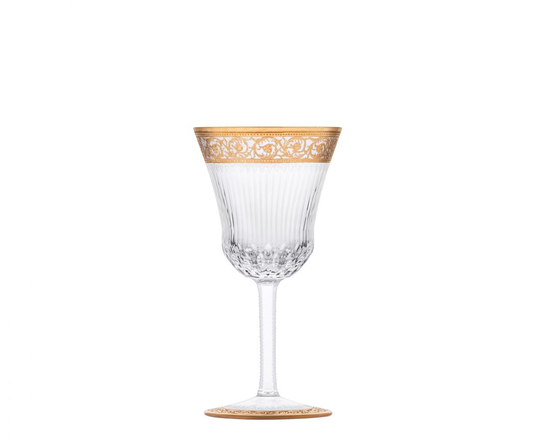 Thistle Wine Glass by Saint-Louis | Inspired by the Chardon service from 1913 | Features a plant motif engraved frieze decorated in fine gold | Venetian-style stripes, bevel cuts, and 24-carat gold or platinum decoration | Collection: Thistle | Color: Clear | Design: Timeless | Tableware and Wine Glasses | 2Jour Concierge, your luxury lifestyle shop