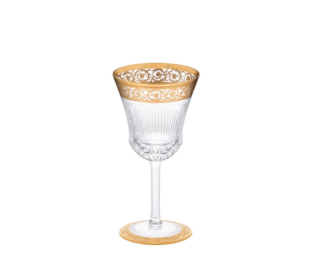Thistle Wine Glass by Saint-Louis | Inspired by the Chardon service from 1913 | Features a plant motif engraved frieze decorated in fine gold | Venetian-style stripes, bevel cuts, and 24-carat gold or platinum decoration | Collection: Thistle | Color: Clear | Design: Timeless | Tableware and Wine Glasses | 2Jour Concierge, your luxury lifestyle shop
