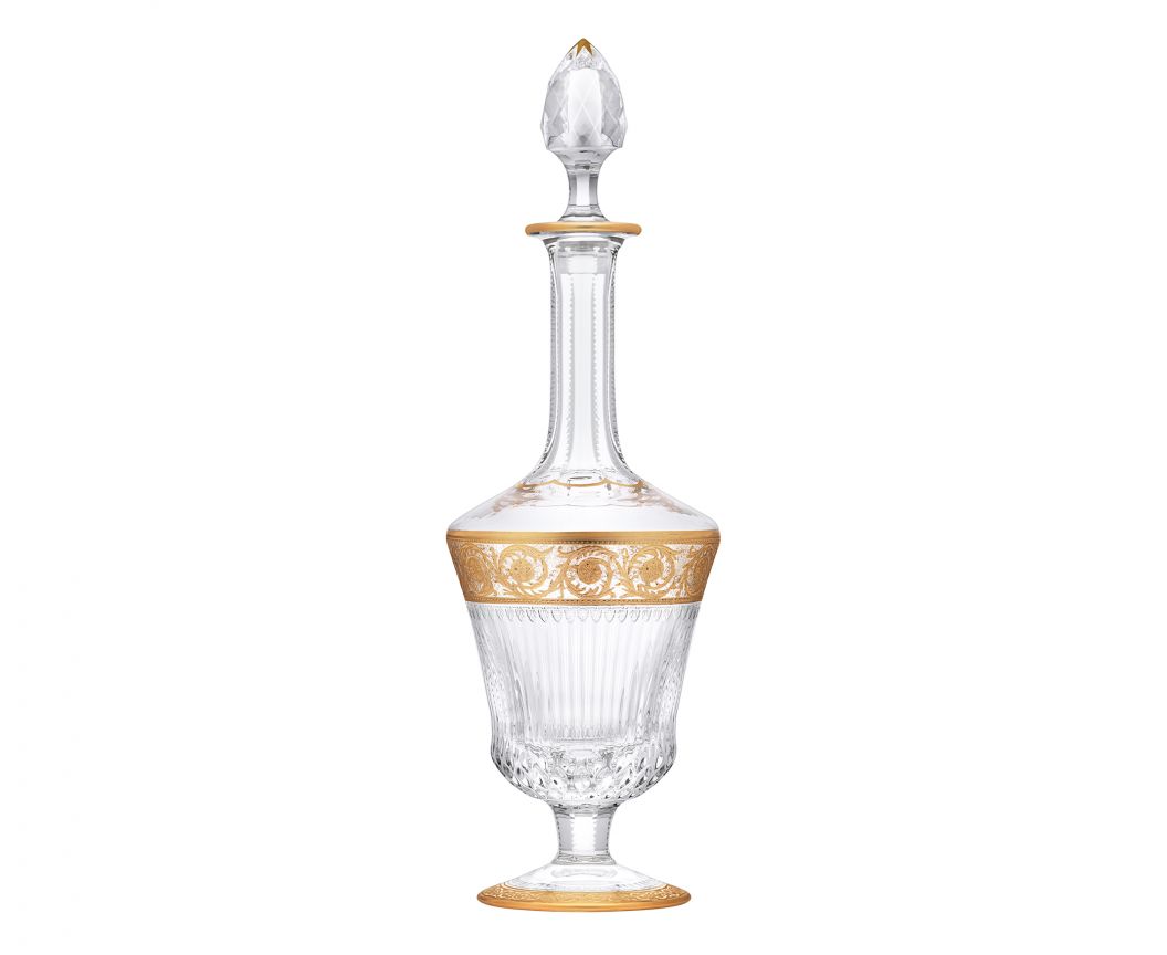 Thistle Wine Carafe by Saint-Louis | Inspired by the Chardon service from 1913 | Features a plant motif engraved frieze decorated in fine gold | Venetian-style stripes, bevel cuts, and 24-carat gold or platinum decoration | Collection: Thistle | Color: Clear | Design: Timeless | Tableware and Wine Carafes | 2Jour Concierge, your luxury lifestyle shop