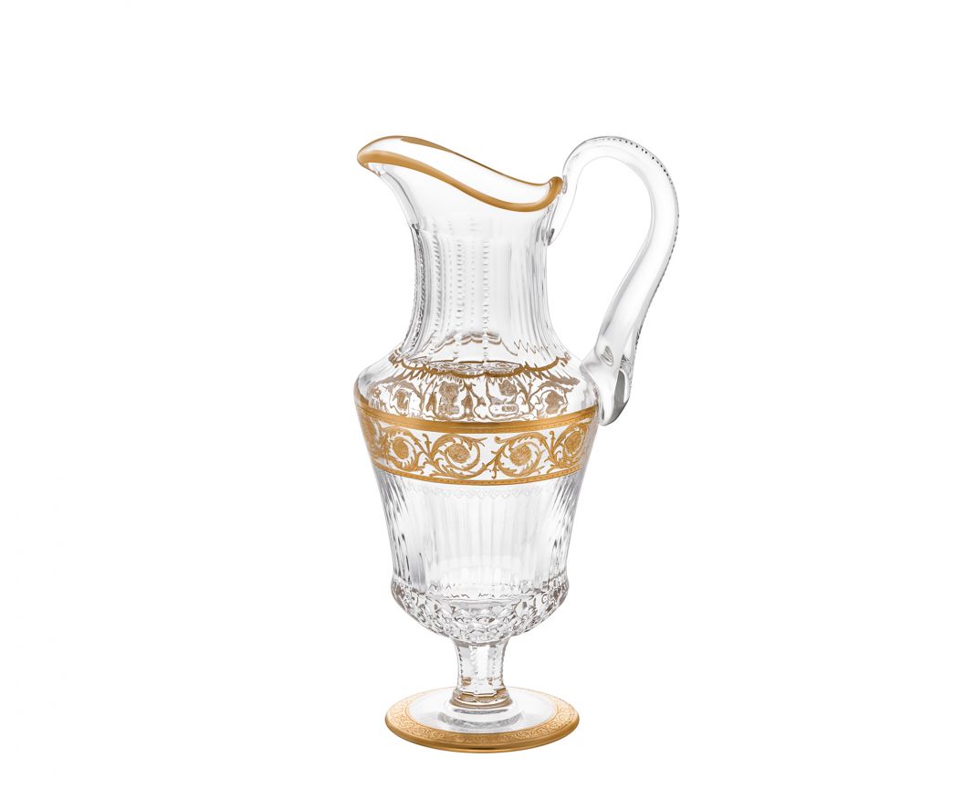 Thistle Water Jug by Saint-Louis | Inspired by the Chardon service from 1913 | Features a plant motif engraved frieze decorated in fine gold | Venetian-style stripes, bevel cuts, and 24-carat gold or platinum decoration | Collection: Thistle | Color: Clear | Design: Timeless | Tableware and Water Jugs | 2Jour Concierge, your luxury lifestyle shop