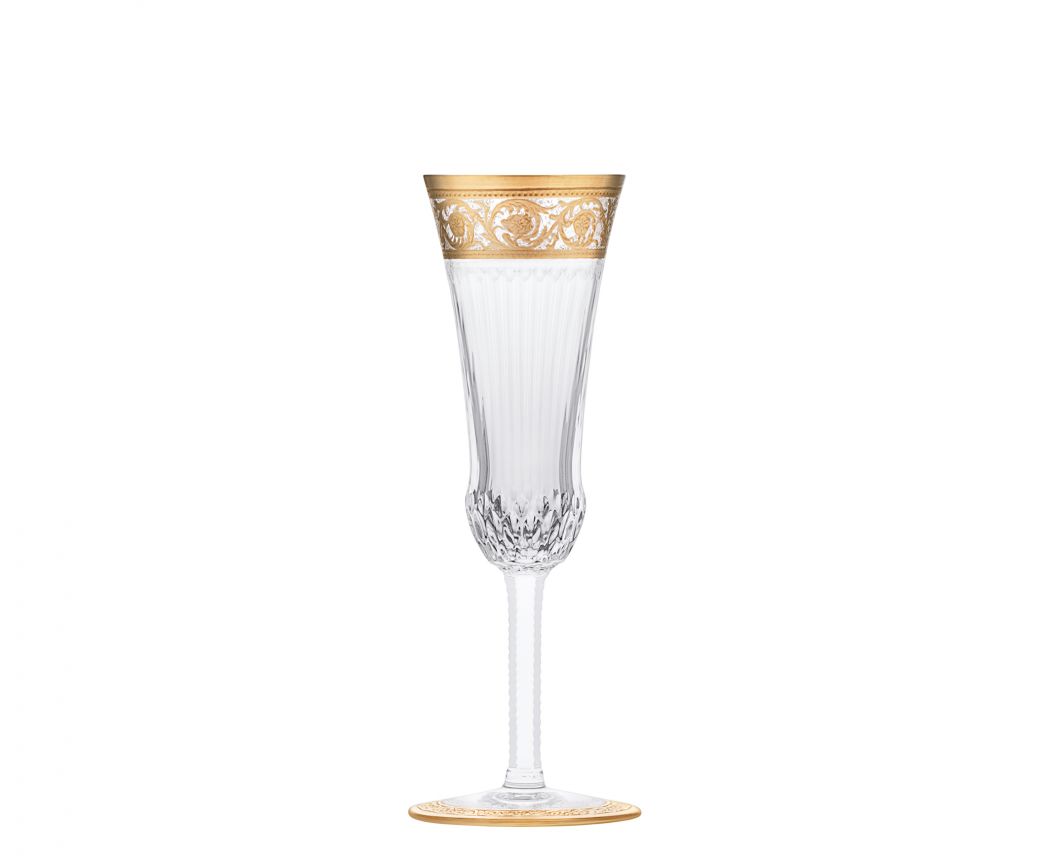 Thistle Crystal Champagne Flute by Saint-Louis | Inspired by the Chardon service from 1913 | Features a plant motif engraved frieze decorated in fine gold | Venetian-style stripes, bevel cuts, and 24-carat gold or platinum decoration | Collection: Thistle | Color: Clear | Design: Timeless | Tableware and Champagne Flutes | 2Jour Concierge, your luxury lifestyle shop