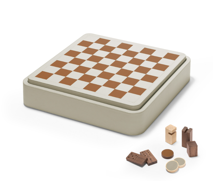 x Poltrona Frau Leather-Covered Wood Triple Game Compendium (chess, draughts, domino)
