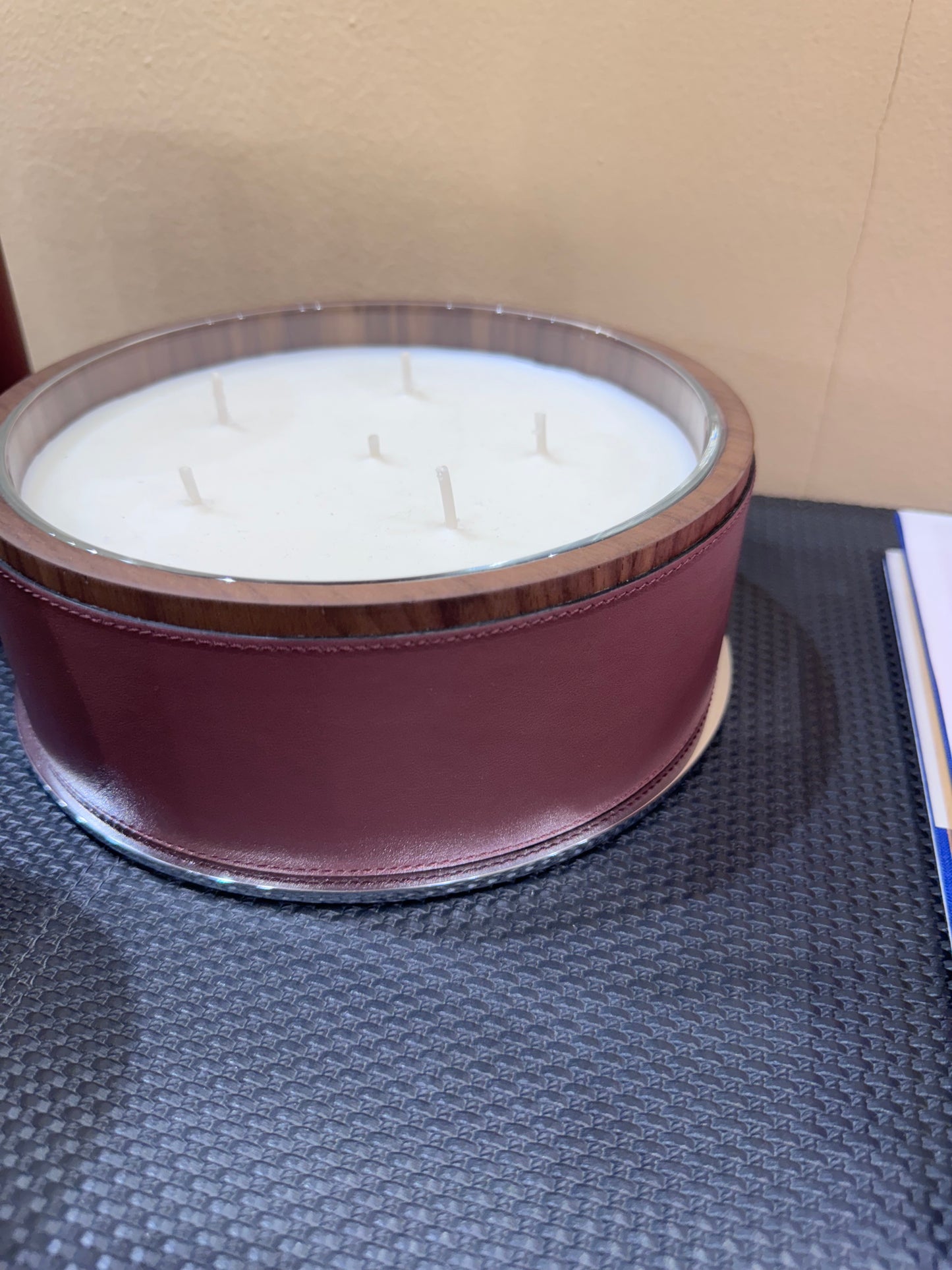 Giobagnara Positano | Candle Holder: Leather with walnut wood trim and metal base, smooth finish, with removable wax candle insert | Decor / Vases & Candle Holders | 2Jour Concierge, your luxury lifestyle shop | luxury interiors, hospitality décor, elegant living, designer home accessories, boutique hotels, refined lifestyle, yacht décor