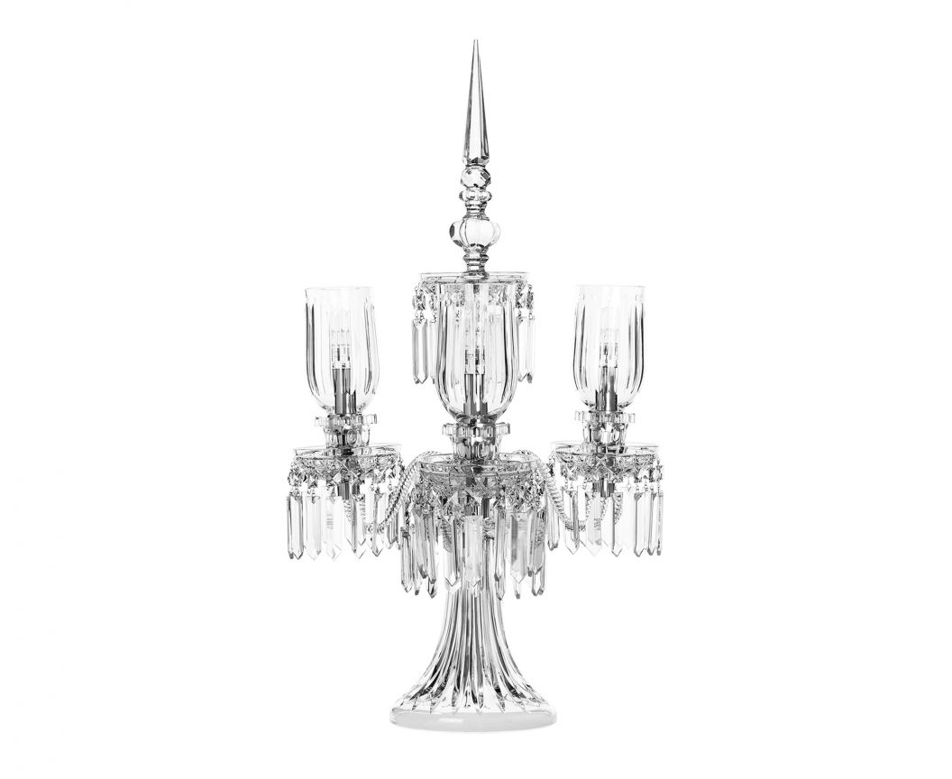 Royal Candelabra Crystal Bevel Cut Hurricane Small by Saint-Louis | 3-candle candelabra with Tommy small hurricanes and square pendants | Part of the Royal collection featuring signature spherical shapes and diamond-studded cutting | Collection: Royal | Color: Clear | Design: Timeless | Home Decor Candelabras | 2Jour Concierge, your luxury lifestyle shop