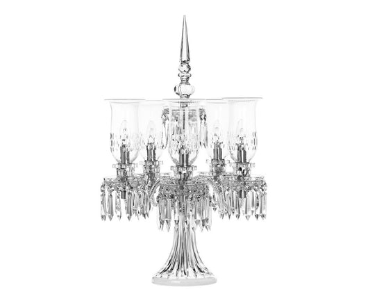 Royal Candelabra Crystal Bevel Cut Hurricane Small by Saint-Louis | 5-candle candelabra with Apollo hurricanes and round pendants | Part of the Royal collection featuring signature spherical shapes and diamond-studded cutting | Collection: Royal | Color: Clear | Design: Timeless | Home Decor Candelabras | 2Jour Concierge, your luxury lifestyle shop