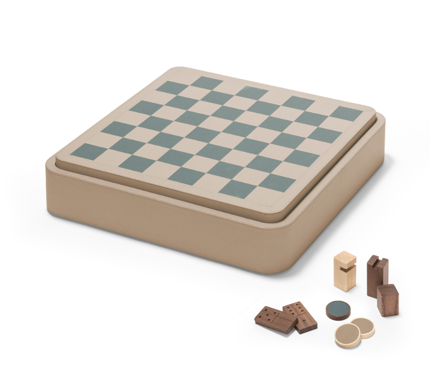x Poltrona Frau Leather-Covered Wood Triple Game Compendium (chess, draughts, domino)