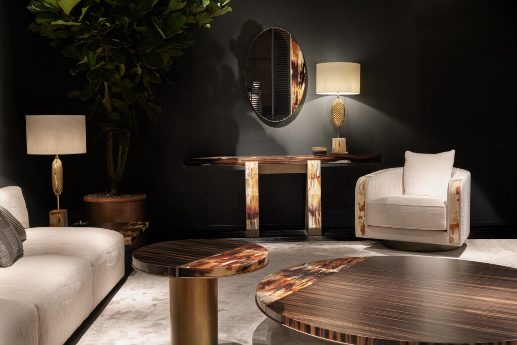 Arcahorn ARDEA | Console Table: Makassar ebony veneer with gloss finish, horn detailing and burnished brass accents, designed as a sculptural statement for refined entryways or living spaces | Furniture / Consoles | 2Jour Concierge, your luxury lifestyle shop