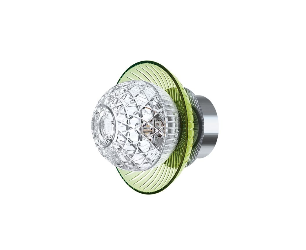 Royal Cup IP44 Sconce by Saint-Louis | Available in golden finish or chrome-plated finish | Small sconce with crystal cup in clear, chartreuse-green, amethyst, or sky-blue | IP44 standard for bathroom, covered outdoor, and boat use | Blown and cut at Saint-Louis-lès-Bitche in Moselle, France | Collection: ROYAL | Design: TIMELESS | Replaceable light source by end-user | Home Lighting and Sconces | 2Jour Concierge, your luxury lifestyle shop