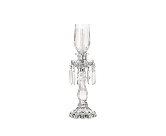 Royal Candelabra Crystal Bevel Cut Hurricane Small by Saint-Louis | 1-candle candelabra with small bevel-cut hurricane and square pendants | Part of the Royal collection featuring signature spherical shapes and diamond-studded cutting | Collection: Royal | Color: Clear | Design: Timeless | Home Decor Candelabras | 2Jour Concierge, your luxury lifestyle shop
