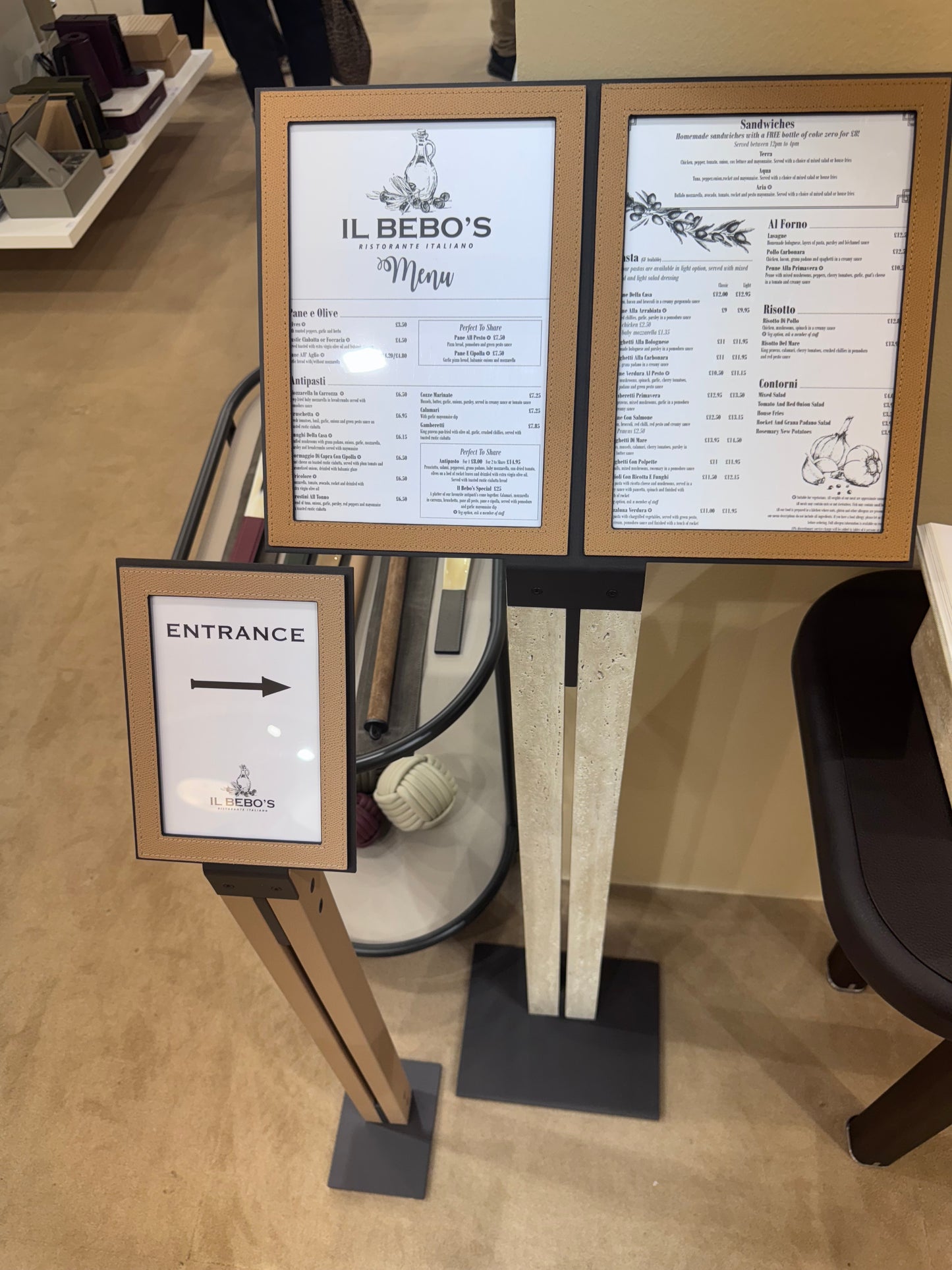 Pillar Metal & Marble Picture | Menu Frame Stand w Leather Inserts